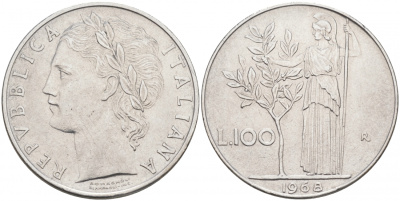 ИТАЛИЯ 100 ЛИР 1968 R АФИНА KM 96.1 сталь 3855-746