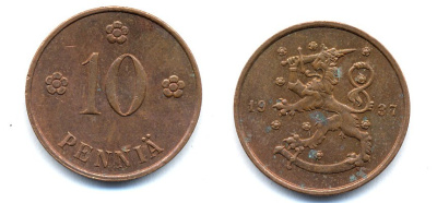 Финляндия 10 пенни 1937 KM 24 медь 51-5633