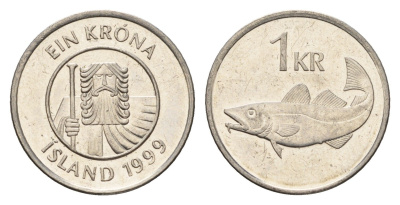 Исландия 1 крона 1999 треска KM 27a сталь плакированная никелем UNC 4674-645