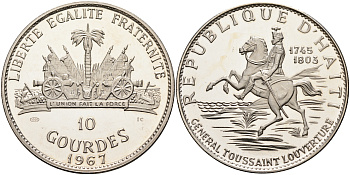 Гаити 10 гурдов 1967 10 лет революции, Генерал Туссен Лувертюр KM 65.1 серебро PROOF 1069-3-43