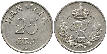 Дания 25 эре 1954 N; S, Фредерик IX (1947-1972) KM 842.1 медно-никель 28-1116