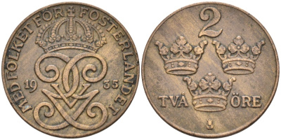 Швеция 2 эре 1935 Густав V (1907-1950) KM 778 бронза 63-1346