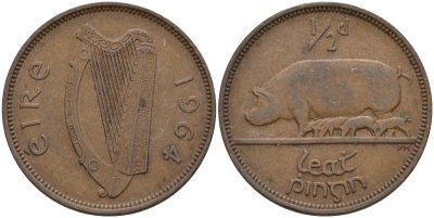 Ирландия 1/2 пенни 1964 свинья с поросятами KM 10 бронза 4146-545