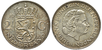 Нидерланды 2 1/2 гульдена 1966 Юлиана (1948-1980) KM 185 серебро 443-413