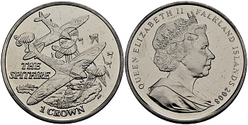 Фолклендские острова 1 крона 2008 самолеты II ой мировой войны, супермарин Спитфайр KM 153 медно-никель UNC M90-16