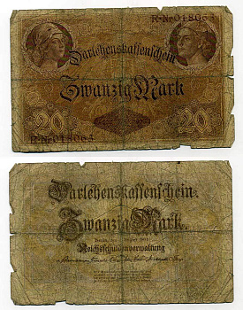 ГЕРМАНИЯ 20 МАРОК 1914 6 значный номер Pick 48 a бумага 6293-56-3