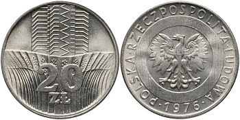 Польша 20 злотых 1976 MW KM 67 медно-никель UNC 180-415