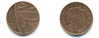 Великобритания 1 пенни 2009 Елизавета II (1952-2022) KM 1107, Spink B6 сталь плакированная медью 177-1152