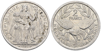 Французская Новая Каледония 2 франка 1989 птица кагу, (IEOM) KM 14, Schoen 11, Lec 65 алюминий    24-816