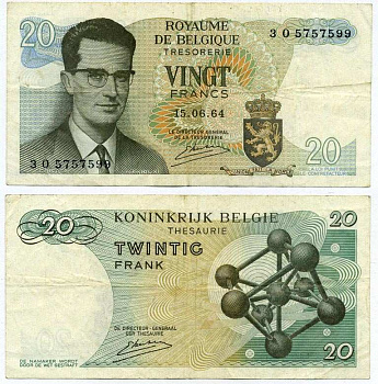 Бельгия 20 франков 1964 Бодуэн I, атомиум, Kestens Pick 138 (3) бумага 7221-61-3-2