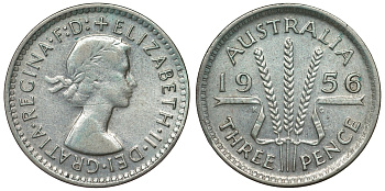 Австралия 3 пенса 1956 m, Елизавета II (1952-2022) KM 57 серебро 71-456