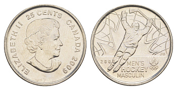 Канада 25 центов 2009 Победа мужской сборной по хоккею на олимпиаде Солт-Лейк-Сити 2002 KM 1063 сталь плакированная никелем UNC 4652-1145