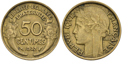 Франция 50 сантимов 1932 KM 894.1, Le Franc 192.15 алюминиевая бронза 4596-745