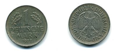ФРГ 1 МАРКА 1972 D KM 110, J. 385 медно-никель 35-452