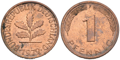 ФРГ 1 пфенниг 1979 F KM 105, J.380 сталь плакированная медью 4567-934