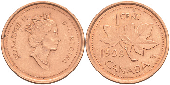 КАНАДА 1 ЦЕНТ 1999 ЕЛИЗАВЕТА II KM 289 сталь покрытая бронзой 188-1027