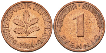ФРГ 1 ПФЕННИГ 1984 F KM 105, J.380 сталь плакированная медью 66-443