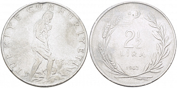 ТУРЦИЯ 2 1/2 ЛИРЫ 1963 KM 893.1 сталь 215-412