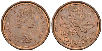 Канада 1 цент 1986 Елизавета II (1952-2022), кленовый лист KM 132 бронза 4609-222