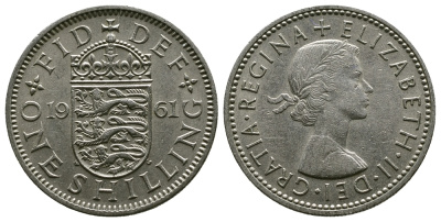 Великобритания 1 шиллинг 1961 Елизавета II (1952-2022), Английский герб KM 904, Spink 4147 медно-никель 4384-433