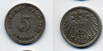 Германия 5 пфеннигов 1908 A KM 11, Jager 12, Weege 6 медно-никель 84-1669