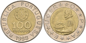 Португалия 100 эскудо 1998 Педру Нуниш (1502-1578), математик KM 645.1 биметалл 261-921