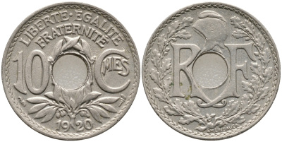 ФРАНЦИЯ 10 САНТИМОВ 1920 ТИП ЛИНДАЙЁ KM 866а медно-никель UNC 4388-836