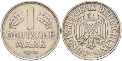 ФРГ 1 марка 1950 G KM 110, J. 385 медно-никель 4177-836