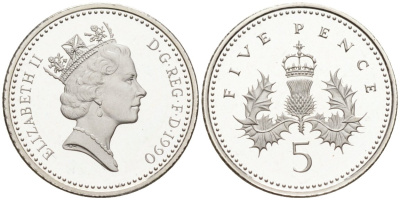Великобритания 5 пенсов 1990 Елизавета II (1952-2022), в оригинальной коробке, с сертификатом KM 937c, Spink 4372 серебро PROOF 5-6-4-7