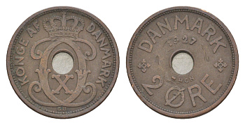 Дания 2 эре 1927 HCN, Кристиан X (1912-1947) KM 827 бронза 4639-719
