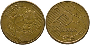 Бразилия 25 сентаво 2006 KM 650, Schon 158 сталь плакированная бронзой 4525-411