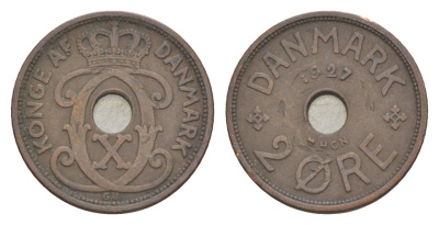 Дания 2 эре 1927 HCN, Кристиан X (1912-1947) KM 827 бронза 4639-719