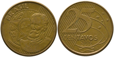 Бразилия 25 сентаво 2006 KM 650, Schon 158 сталь плакированная бронзой 4525-411
