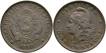 Аргентина 2 сентаво 1890 голова свободы влево KM 8 бронза 4531-926