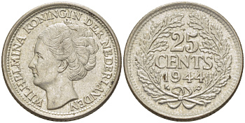 Нидерланды 25 центов 1944 Вильгельмина (1890-1948) KM 164 серебро aUNC 66-1153