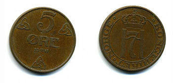 НОРВЕГИЯ 5 ЭРЕ 1941 ХОКОН VII (1905-1957) KM 368 бронза 56-435