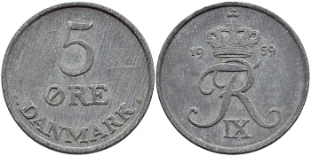 ДАНИЯ 5 ЭРЕ 1959 C; S, ФРЕДЕРИК IX (1947-1972) KM 843.2 цинк 41-346