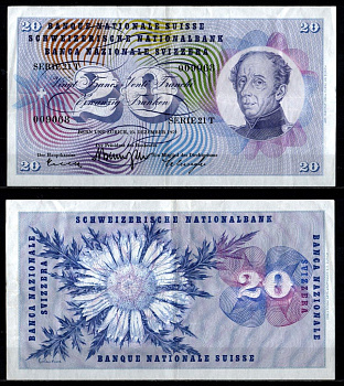 Швейцария 20 франков 1959 Pick 46 g (1) бумага 8603-28-3-2