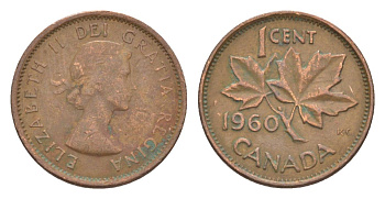 Канада 1 цент 1960 Елизавета II (1952-2022), кленовый лист KM 49 бронза 4630-536