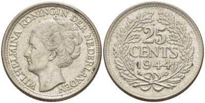 Нидерланды 25 центов 1944 Вильгельмина (1890-1948) KM 164 серебро aUNC 66-1153