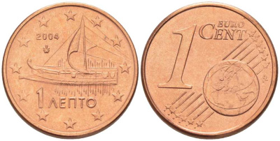 ГРЕЦИЯ 1 ЕВРОЦЕНТ 2004 KM 181 сталь плакированная медью UNC 214-341