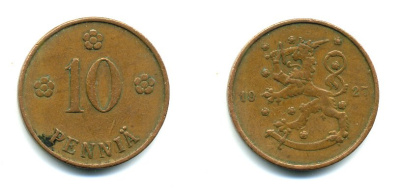 Финляндия 10 пенни 1927 республика (1918-1962) KM 24 медь 46-1546