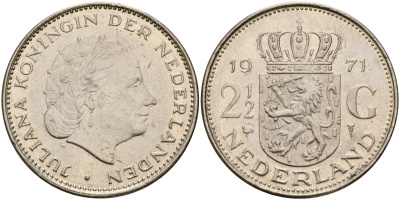 Нидерланды 2 1/2 гульдена 1971 Юлиана (1949-1980) KM 191 никель 4157-413