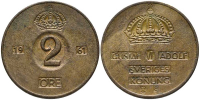Швеция 2 эре 1961 TS, Густав VI Адольф (1950-1973) KM 821 бронза 202-642