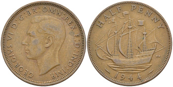 Великобритания 1/2 пенни 1944 Георг VI (1936-1952) KM 844, Spink 4115 бронза    4603-1024