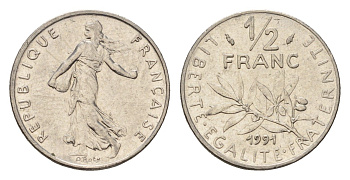 Франция 1/2 франка 1991 сеятель KM 931.1 никель 192-1022