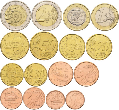 ГРЕЦИЯ ЕВРОНАБОР ИЗ 8 МОНЕТ 2011 1, 2, 5, 10, 20, 50 ЕВРОЦЕНТОВ, 1 И 2 ЕВРО UNC 68-841
