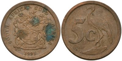 ЮАР 5 центов 1991 синий журавль, герб KM 134 сталь плакированная медью 08-1467