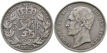 Бельгия 5 франков 1852 Леопольд I (1831-1865) KM 17 серебро 00-1067-5-34