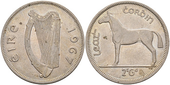 Ирландия 1/2 кроны = 2 шиллинга 6 пенсов 1967 лошадь KM 16а медно-никель 88-626